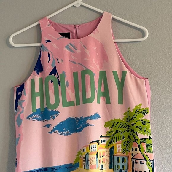 Boutique Moschino Holiday Graphic Print Sleeveless Shift Mini Dress Pink‎ 6 - Picture 3 of 14